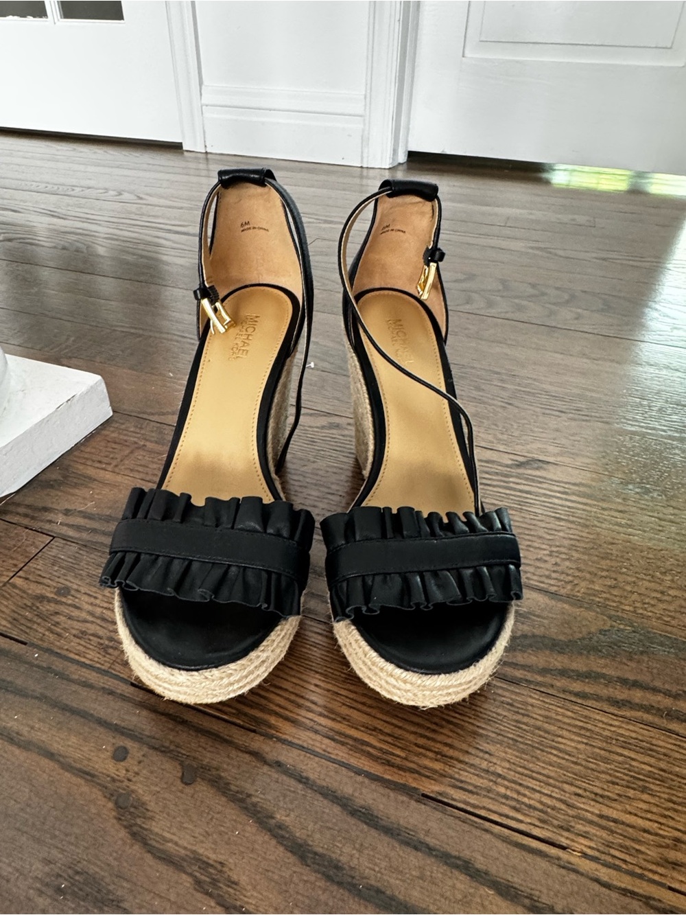 Michael Kors Black Ruffle Espadrille Wedge Sandals with Ankle Tie